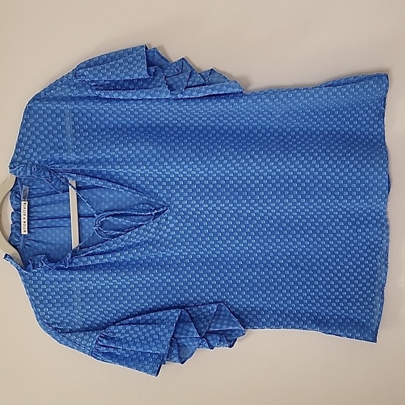 Alice + Olivia Julius Ruffle Peasant Blouse Blue Top Solid  Swiss Dot Ties  XS - Picture 8 of 17